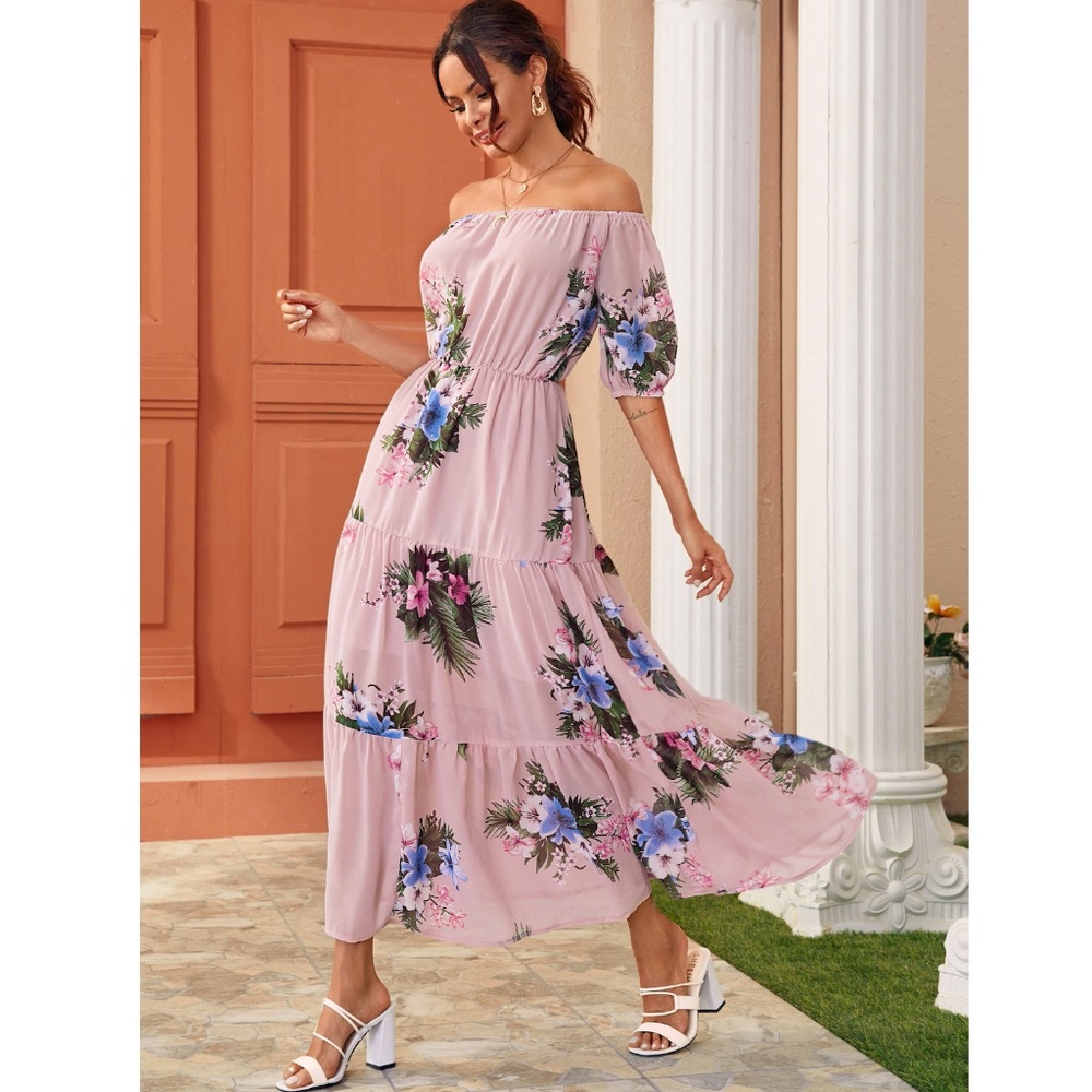 Off Shoulder Pink Floral Maxi Dress - Picture 2 of 8